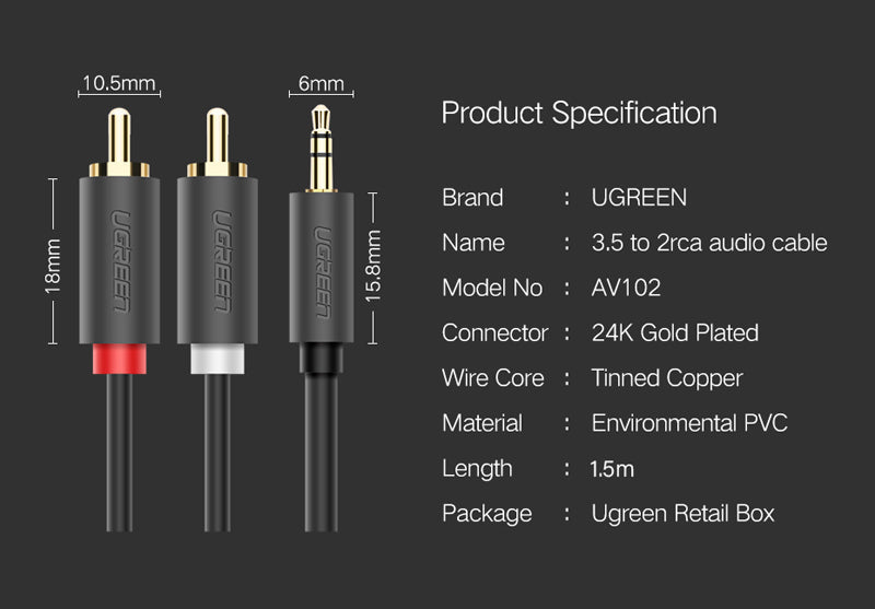 UGREEN 3.5mm Aux to 2RCA Y Splitter Male to Male Audio Cable Adapter (2M) - 10510