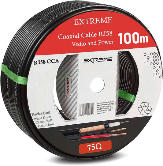 EXTREME RJ58 CCA - Copper-Clad Aluminium Video and Power Cable 100m Drum 75Ohm - CCTV