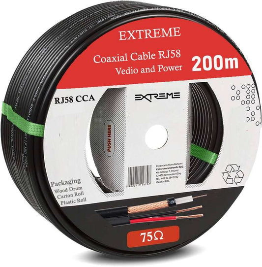 EXTREME RJ58 CCA - Copper-Clad Aluminium Video and Power Cable 200m Drum 75Ohm - CCTV