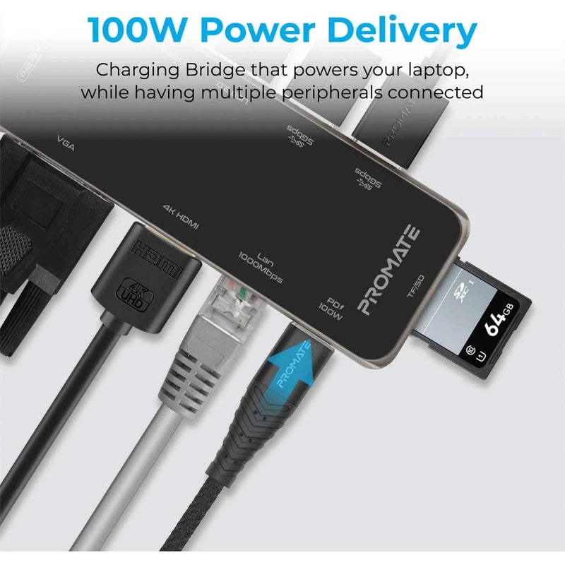 Promate GigaHub-C USB-C to Ethernet Adapter Hub Aluminum USB-C Hub to 10/100/1000Mbps Ethernet Port 5 Gbps Sync Charge 3x USB 3.0 Ports