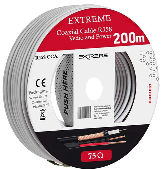 EXTREME RJ58 CCA - Copper-Clad Aluminium Video and Power Cable 200m Drum 75Ohm - CCTV