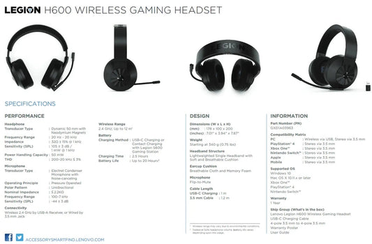 Lenovo Legion H600 Wire & Wireless Gaming Headset up to 20 Hours Battery & 12m w/ Range - White