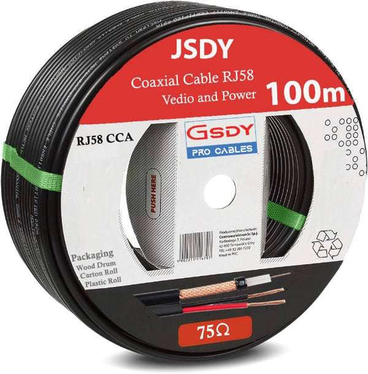 JSDY RJ58 CCA - Copper-Clad Aluminium Video and Power Cable 1000m Drum 75Ohm - CCTV
