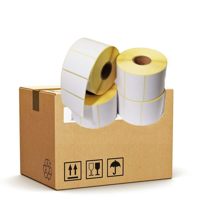 رول ليبل لاصق حراري مصقول قياس 3.8*2.5سم تعبئة 700 لاصق - لكافة الاستخدامات والباركود كرتونة تعبئة 100 رول