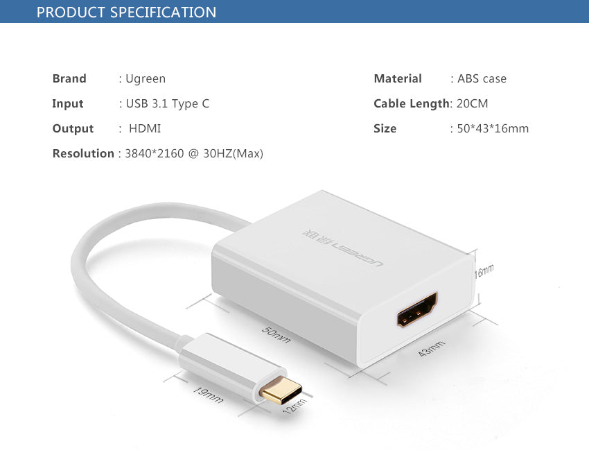 UGREEN 40273 USB-C TO HDMI ADAPTER WHITE
