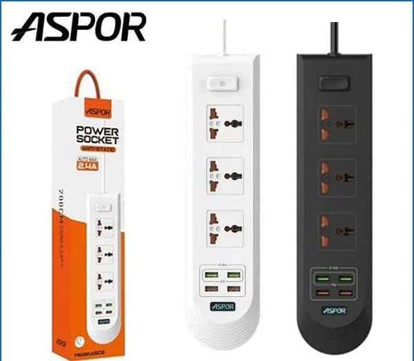 ASPOR A502 Smart Power Socket With 4 USB Ports 2.4 A Fast Charging - White