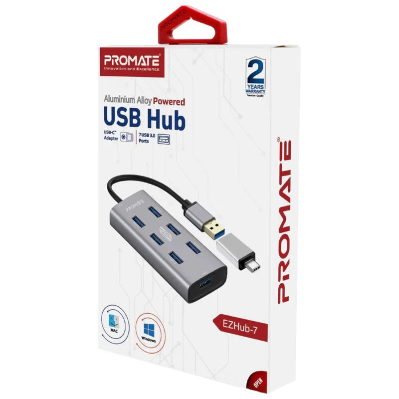 Promate EzHub-7 7 In 1 Aluminium Alloy Powered USB Hub 7 USB 3.0 Ports USB-C Adaptor 5Gbps Transfer Rate Data & Charge