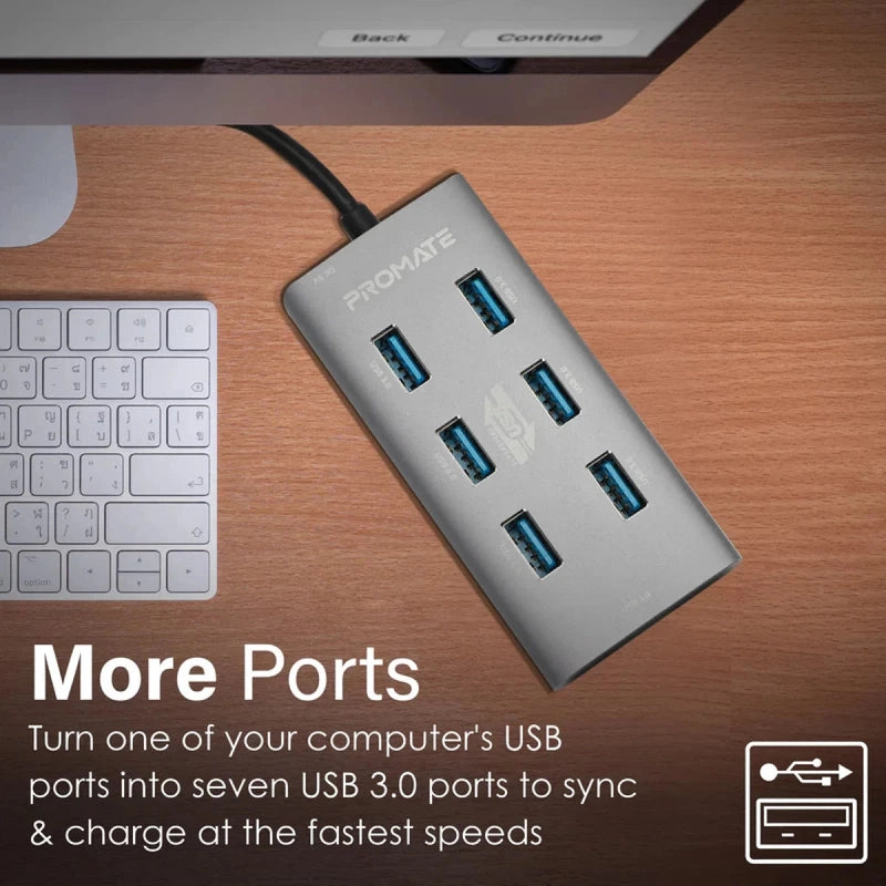 Promate EzHub-7 7 In 1 Aluminium Alloy Powered USB Hub 7 USB 3.0 Ports USB-C Adaptor 5Gbps Transfer Rate Data & Charge