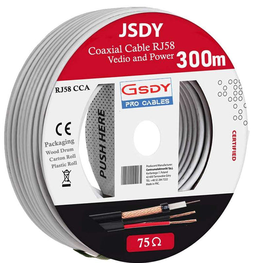 JSDY RJ58 CCA - Copper-Clad Aluminium Video and Power Cable 300m Drum 75Ohm - CCTV