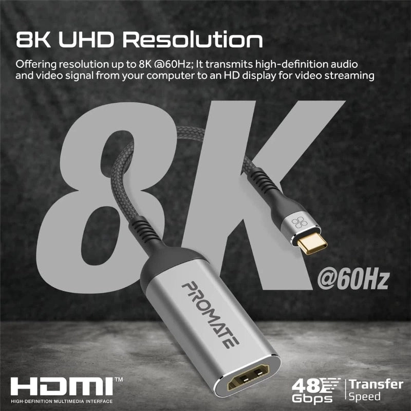 Promate MediaLink-8K USB-C to HDMI Adapter 8K HDMI 48Gbps Transmission 10000+ Long Bend Lifespan