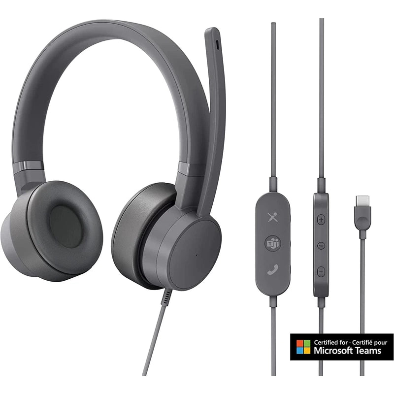 Lenovo Go USB C Active Noise Cancelling Headset Rotatable Boom Mic Certified for Microsoft Teams - Gray