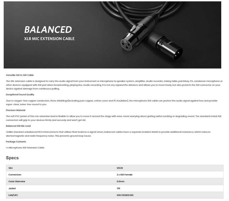 UGREEN AV130 Microphone XLR Extension Cable-2M