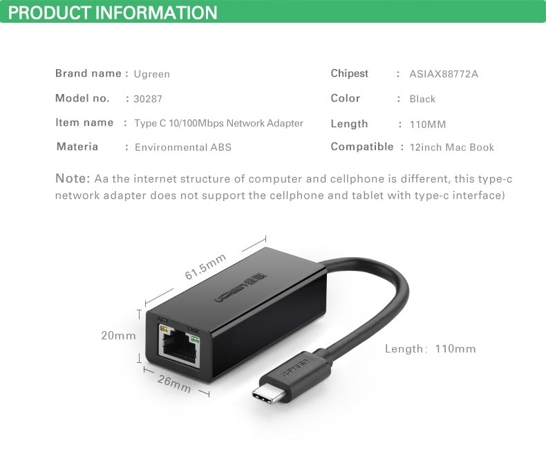 Ugreen USB 2.0 Type-C to 10/100/1000Mbps Ethernet Adapter, Black | 30287