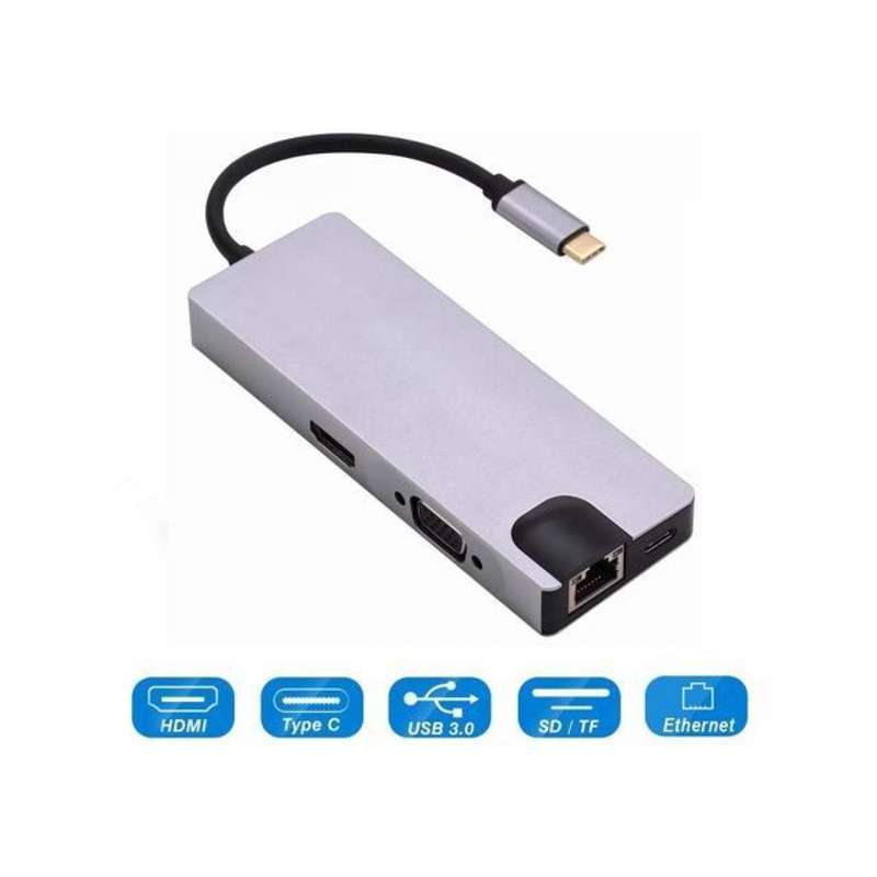 Type-C to HDMI 8 in 1 Lan+ Type-C+ SD Card + USB3.0*2 + HDMI+VGA