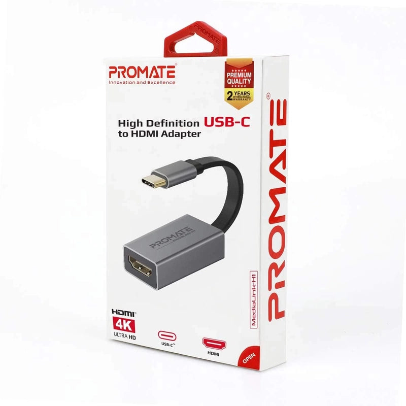 Promate MediaLink-H1 Type-C to HDMI Adapter 4K 30Hz Video Converter w/ Audio Output - Grey Mirror your USB-C laptop to view your f