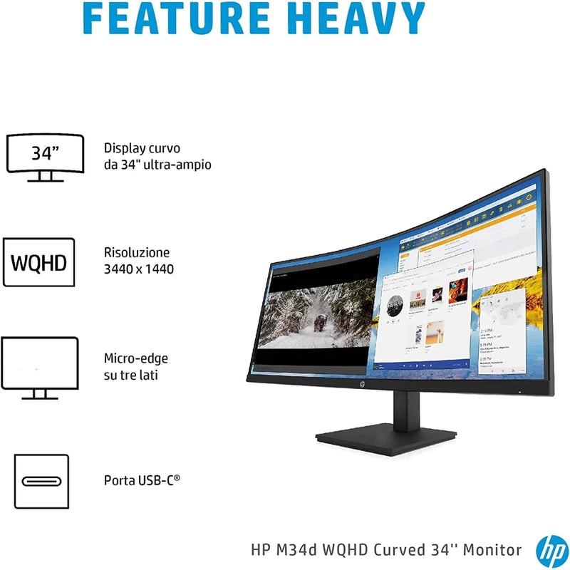 HP P34HC 34" Curved 1500R 3K UltraWide 100Hz Adjustable Height w/ Speakers & USB C Monitor