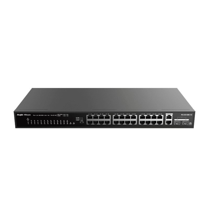 RG-ES126S-P V2, 24-Port 10/100 Mbps with 2-Port Gigabit Rackmount PoE Switch