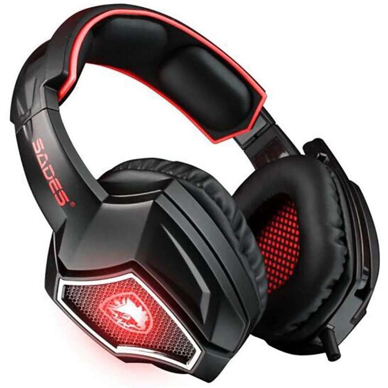 SADES Spirit Wolf Surround Sound 2 Jack Computer Gaming Headset ,LED Light for PC Gamers Black Red