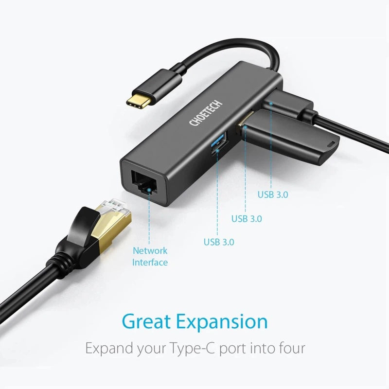 Choetech HUB-U02 USB C To Ethernet Hub w/ 3 Ports USB 3.0