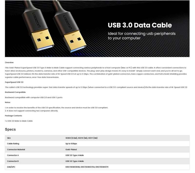UGREEN US128 USB 3.0 Male to Male Cable-2M