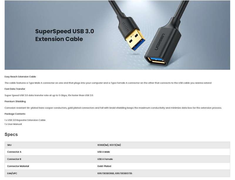 UGREEN US129 USB 3.0 Repeater Extension Cable-3M