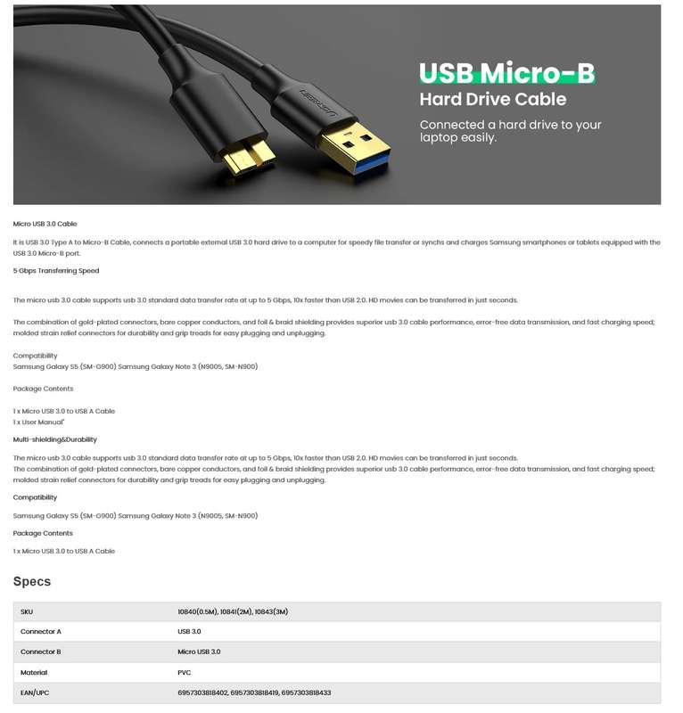 UGREEN US130 Micro USB 3.0 to USB-A Hard Drive Cable-0.5M