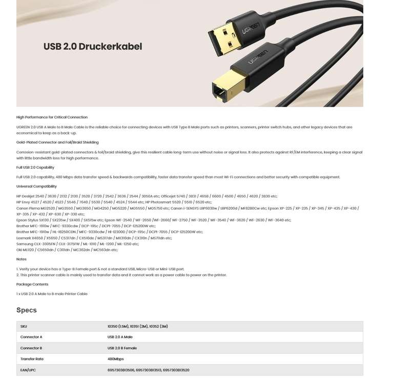 UGREEN US135 USB 2.0 Printer Scanner Cable-5M