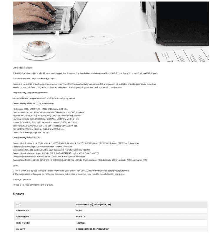 UGREEN US241 USB C to Type B Printer Scanner Cable