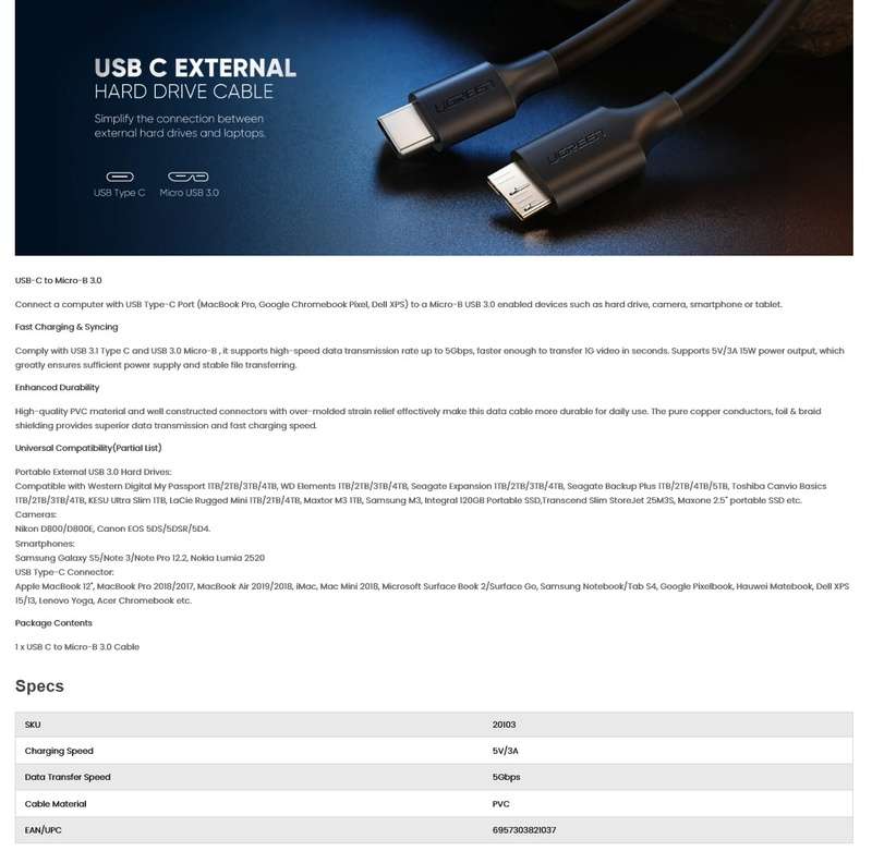 UGREEN US312 USB C to Micro-B 3.0 Cable