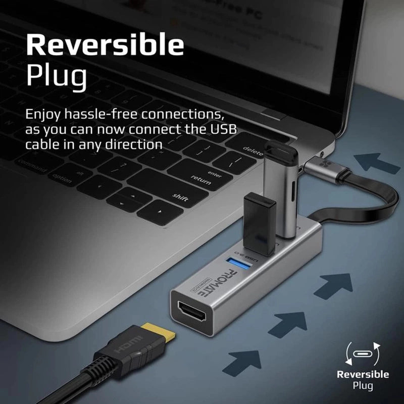 Promate MediaHub-C3 Aluminum USB-C to HDMI Adapter Ultra-Compact Type-C to 4K 30Hz HDMI Hub w/ 3 USB 3.0 Sync Charge 5Gbps Ports
