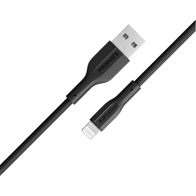 Promate XCord-Ai USB-A to Lightning Cable Super-Fast Charger 1M Anti-Tangle Silicone Cord - Black