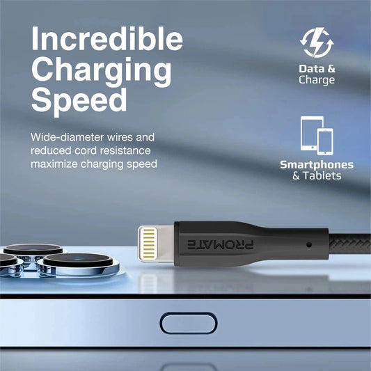 Promate XCord-Ai USB-A to Lightning Cable Super-Fast Charger 1M Anti-Tangle Silicone Cord - Black