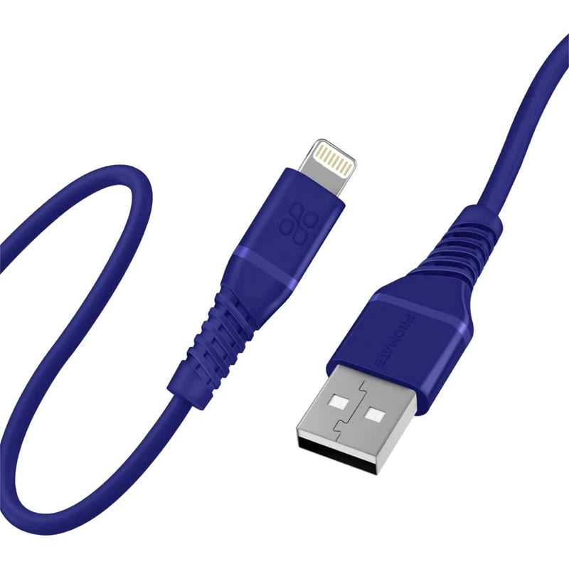 Promate USB-A to Lightning Cable High Tensile 2.4A Super-Fast USB-A to Lightning Charger 120 cm Anti-Tangle Silicone - Blue