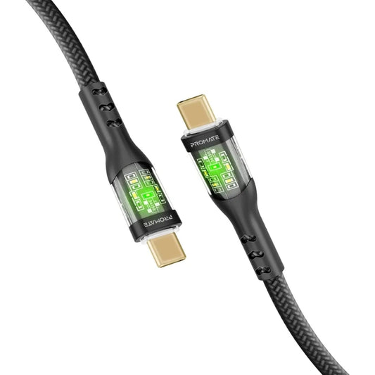 Promate TransLine-CC USB-C to USB-C Cable 60W Power Delivery Transparent Shells 120cm Nylon Braided Cord