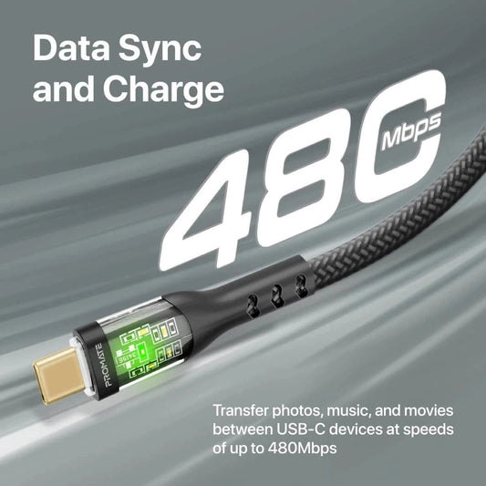 Promate TransLine-CC USB-C to USB-C Cable 60W Power Delivery Transparent Shells 120cm Nylon Braided Cord