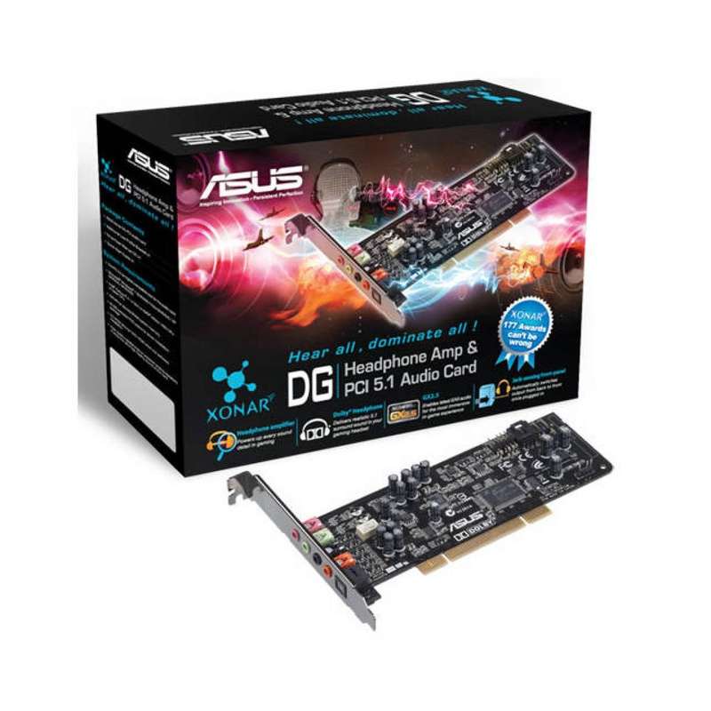 Asus Xonar DG PCI 5.1 Channel Sound Card Built-in Headphone AMP , Powers up every sound detail in gaming 3 gain modes for different usage scenarios , Dolby® Headphone for an immersive 5.1 surround imaging GX2.5 for realistic 3D audio effects