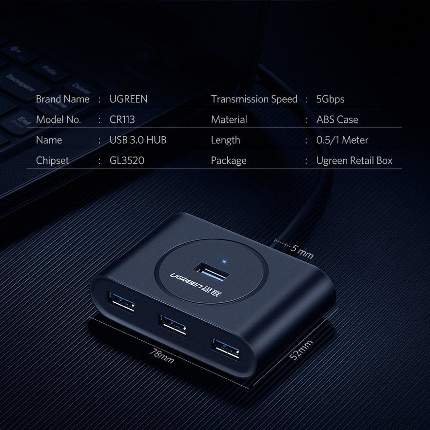 UGreen USB 3.0 A 4-Ports Hub - 0.5m (BLACK) - 20290