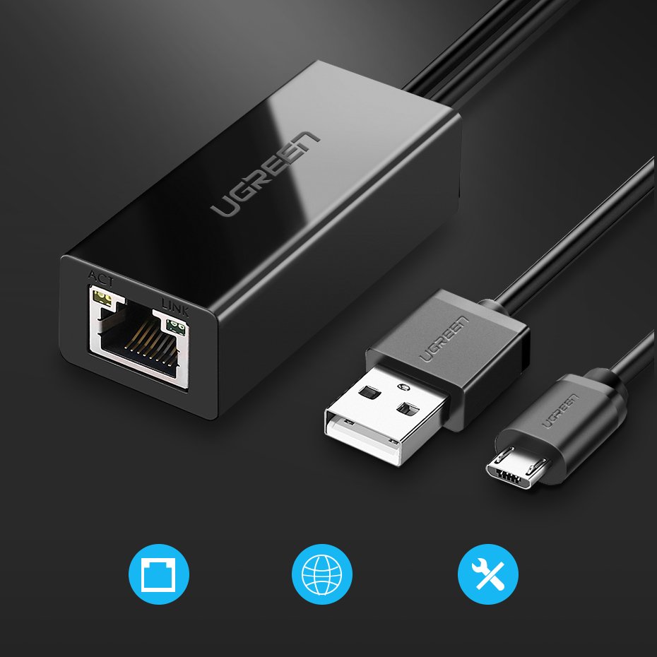 UGREEN USB Ethernet Adapter Micro USB Connector, and USB 2.0 Power Cable for Power Supply - 30985
