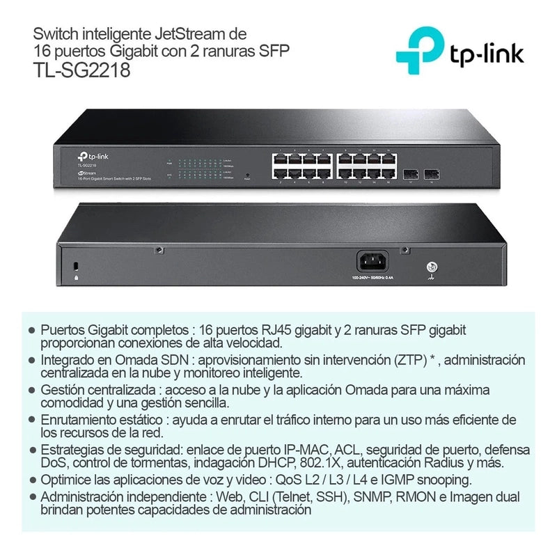TP-Link JetStream TL-SG2218 16 Port Gigabit Smart Managed Switch 2 SFP Slots Omada SDN IntegratedL2/L3/L4 QoS