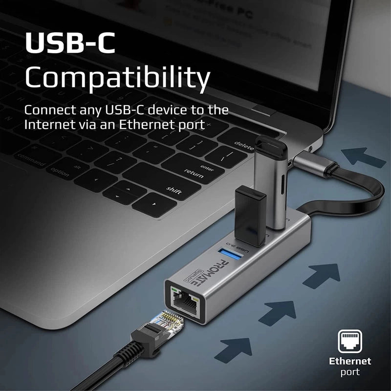 Promate GigaHub-C USB-C to Ethernet Adapter Hub Aluminum USB-C Hub to 10/100/1000Mbps Ethernet Port 5 Gbps Sync Charge 3x USB 3.0 Ports