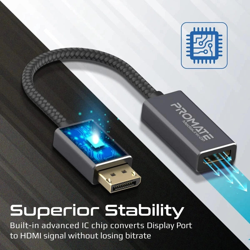 Promate MediaLink-DP DisplayPort to HDMI Adapter with Gold Platted Connectors Nylon Cable Uni-Directional Display