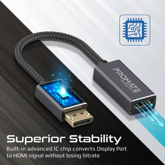 Promate MediaLink-DP DisplayPort to HDMI Adapter with Gold Platted Connectors Nylon Cable Uni-Directional Display