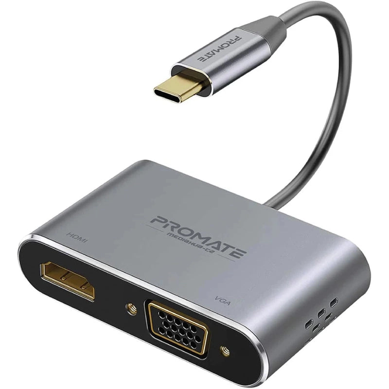 Promate MediaHub-C2 USB-C to VGA & HDMI Adapter Aluminium HDMI Converter 4K & 1080 VGA Dual Screen Display