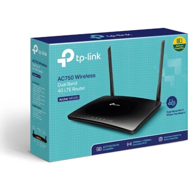 TP-Link Archer MR200 AC750 Dual Band 4G LTE Mobile Wi-Fi SIM Slot Unlocked No Configuration Required Removable Wi-Fi Antennas Router Black