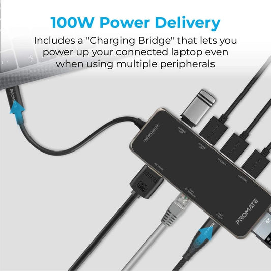 Promate PrimeHub-Go 9-In-1 USB Type-C Adapter w/ 1000Mbps Lan 100W USB-C Power Delivery 4K HDMI 4 USB Ports & TF/SD Card Slot