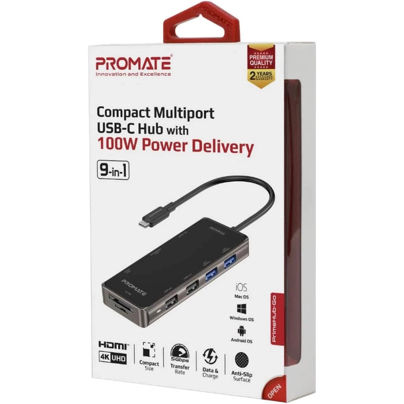 Promate PrimeHub-Go 9-In-1 USB Type-C Adapter w/ 1000Mbps Lan 100W USB-C Power Delivery 4K HDMI 4 USB Ports & TF/SD Card Slot