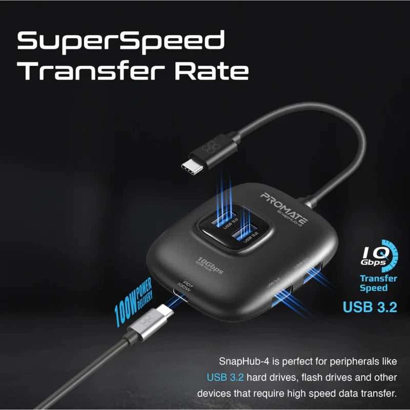 Promate SnapHub-4 4 In 1 Ultra Fast USB 3.2 Hub 4 USB-A Ports 10Gbps Transfer Rate 5V 1A Voltage