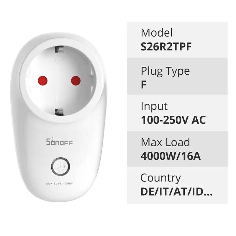 SONOFF S26R2 WiFi smart socket with EU-IT standard.