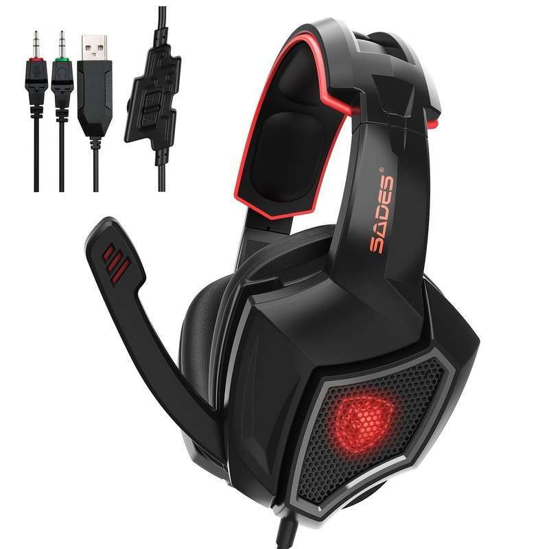 SADES Spirit Wolf Surround Sound 2 Jack Computer Gaming Headset ,LED Light for PC Gamers Black Red