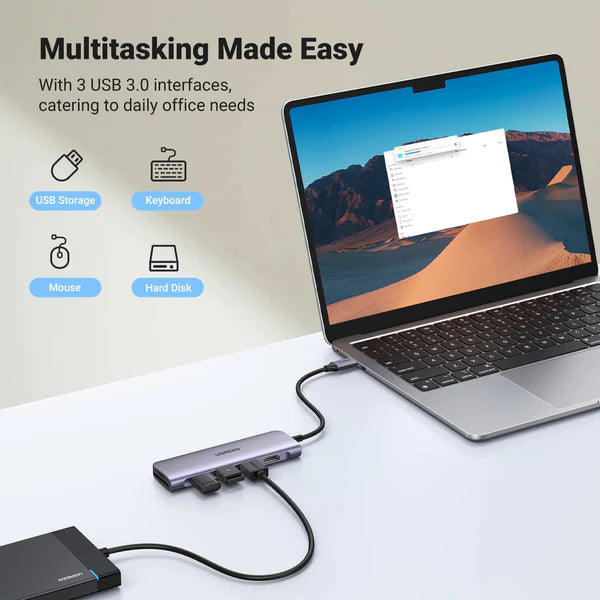 UGREEN USB-C to 3 Ports USB3.0-A Hub  + HDMI + TF/SD (Space Gray)  - 40280